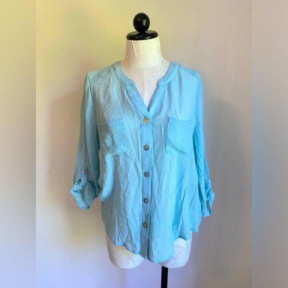 Ruby Rd Petite XL Light Blue Button-Down Blouse W/ Roll-Tab Sleeves - Picture 2 of 8